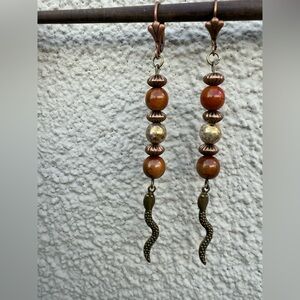 Elegant Brown and Gold Snake Charm Dangle Earrings